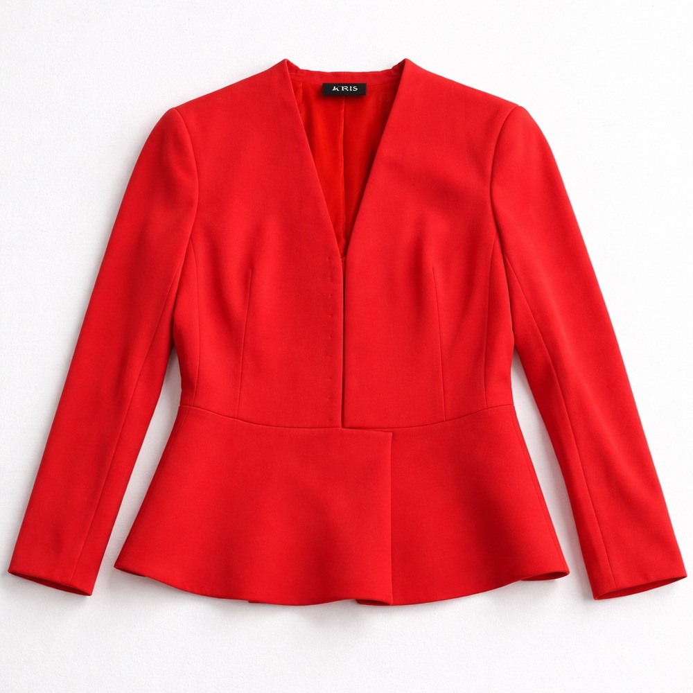 AKRIS Red Peplum Jacket Blazer Size 10 Minimalist‎ Designer Luxury Tailored Chic